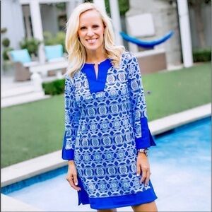 CABANA LIFE Tunic Dress UPF50 Blue Road Map Size Large Split Sleeve Detail Mediu